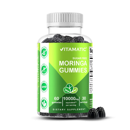 Sugar Free Moringa Gummies - 10000 Mg Equivalent per Serving - Complete Green Superfood - 60 Pectin Based Gummies
