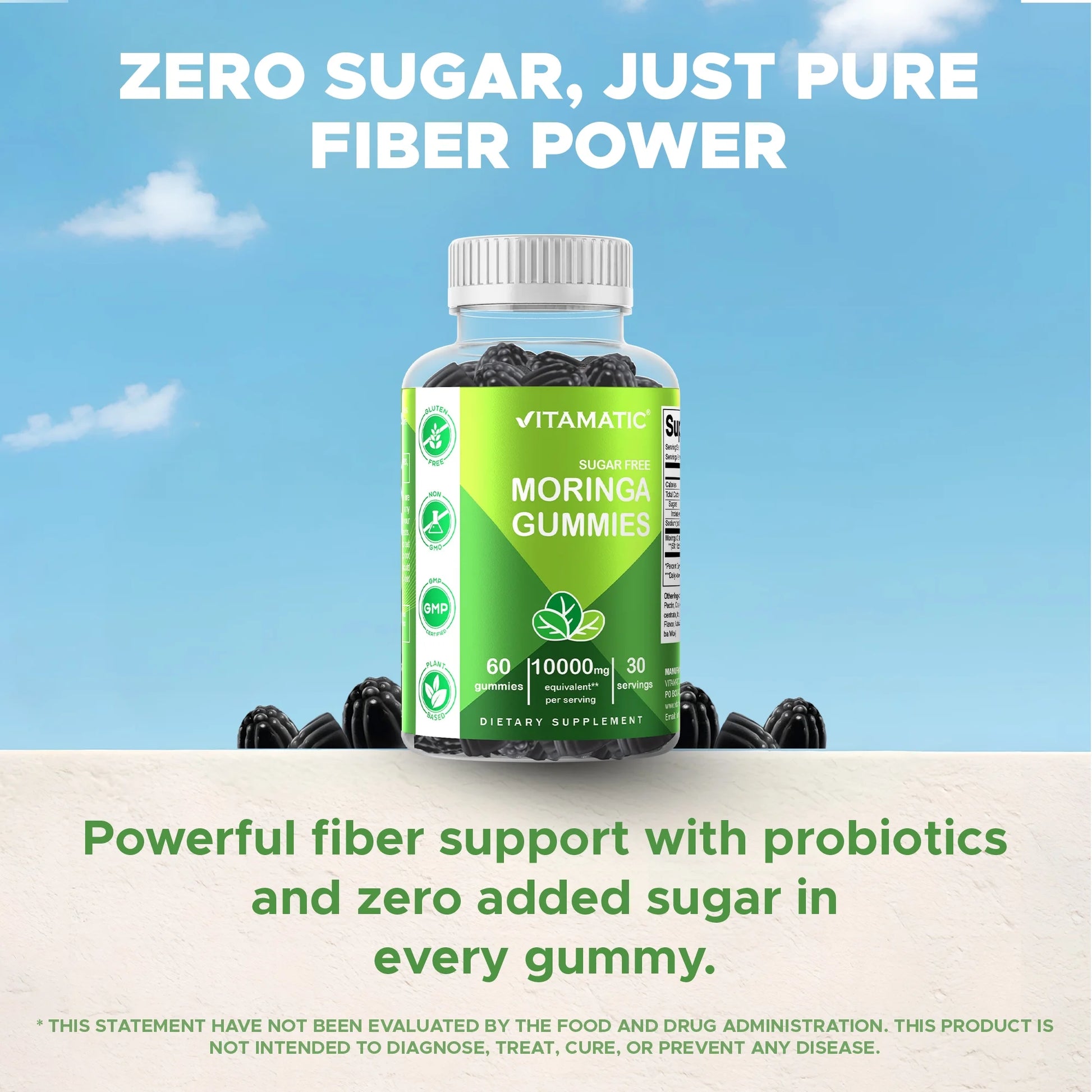 Sugar Free Moringa Gummies - 10000 Mg Equivalent per Serving - Complete Green Superfood - 60 Pectin Based Gummies