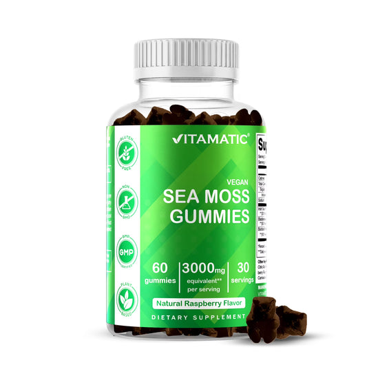Irish Sea Moss Gummies - 3000 Mg - 60 Vegan Gummies - Made with Bladderwrack & Burdock Root - Seamoss Supplement for Thyroid, Energy, Immune Support