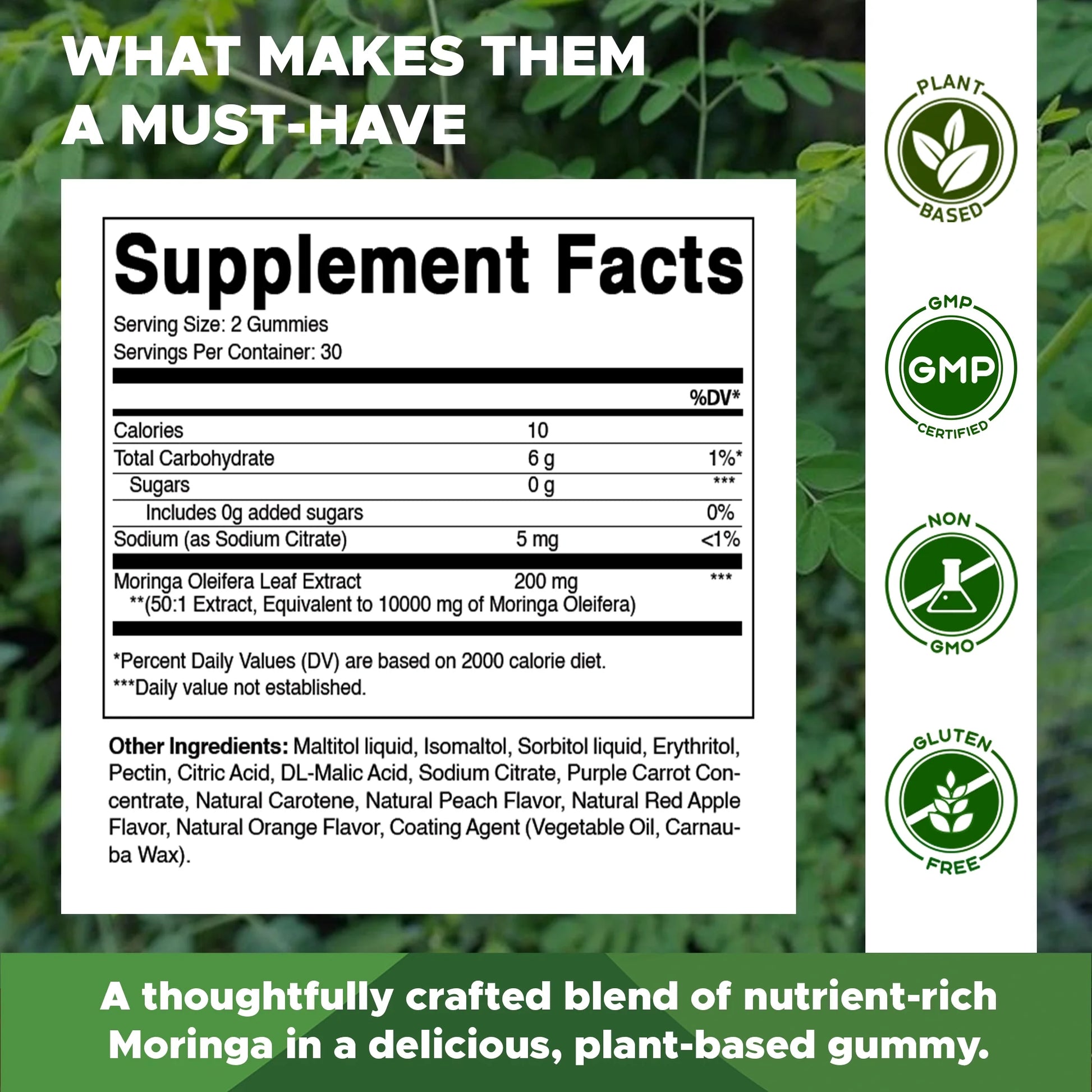 Sugar Free Moringa Gummies - 10000 Mg Equivalent per Serving - Complete Green Superfood - 60 Pectin Based Gummies