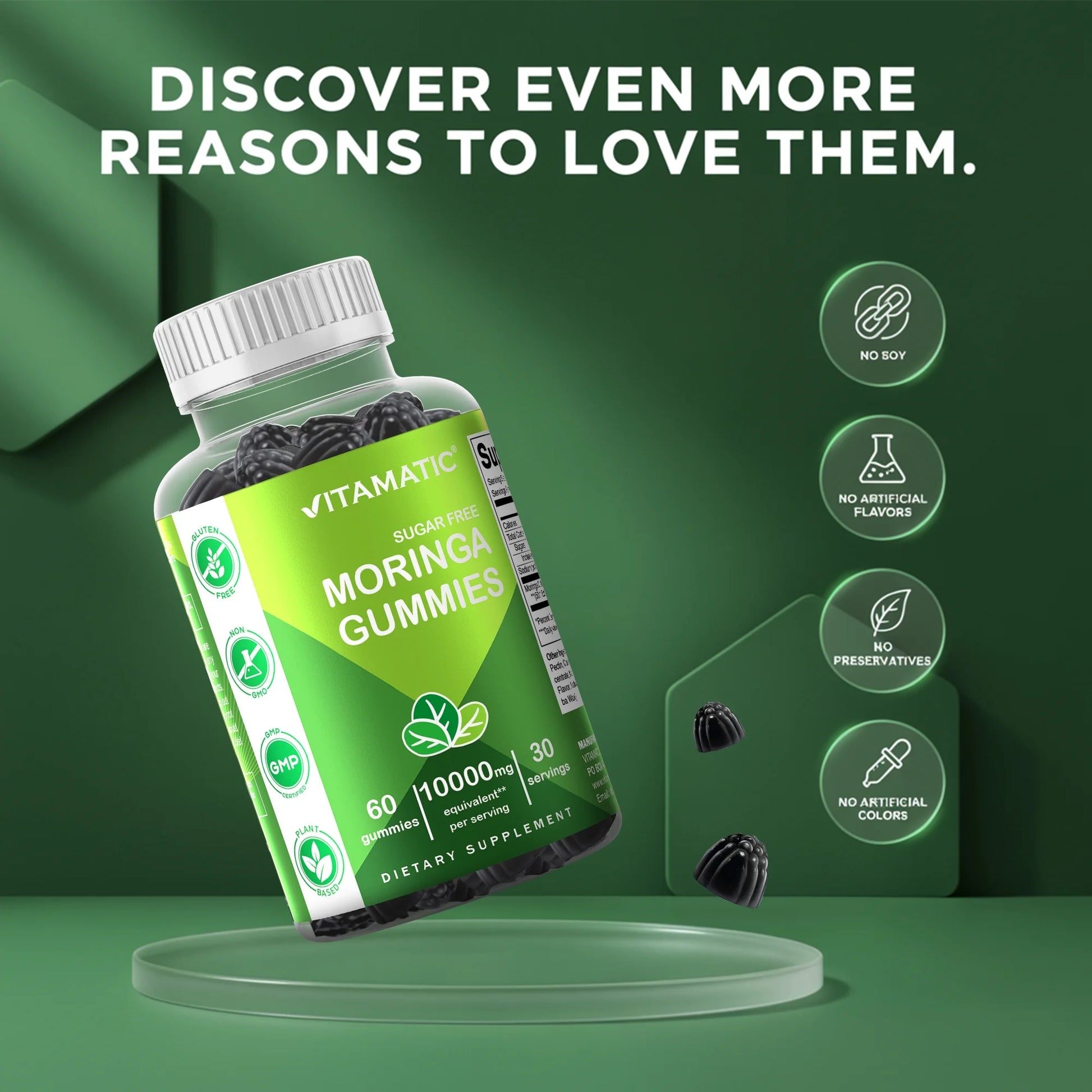 Sugar Free Moringa Gummies - 10000 Mg Equivalent per Serving - Complete Green Superfood - 60 Pectin Based Gummies