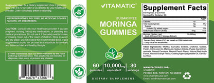 Sugar Free Moringa Gummies - 10000 Mg Equivalent per Serving - Complete Green Superfood - 60 Pectin Based Gummies