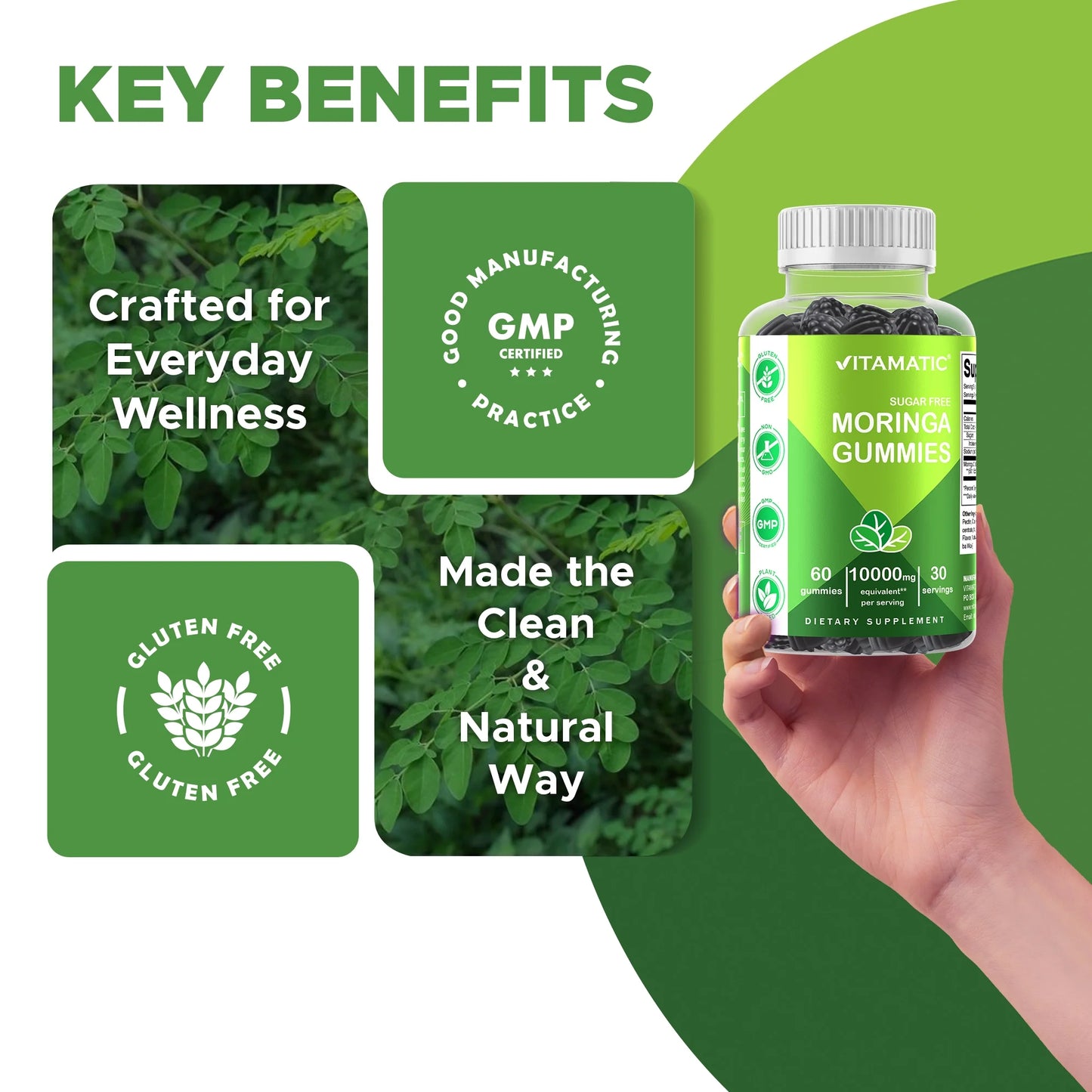 Sugar Free Moringa Gummies - 10000 Mg Equivalent per Serving - Complete Green Superfood - 60 Pectin Based Gummies