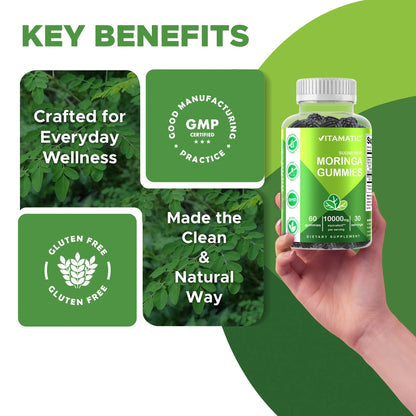 Sugar Free Moringa Gummies - 10000 Mg Equivalent per Serving - Complete Green Superfood - 60 Pectin Based Gummies